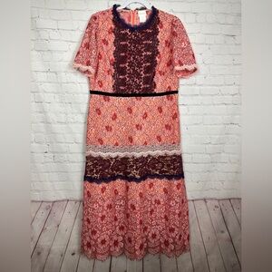 Foxiedox Sadie Midi Dress pink lace sheer prairie cottage core sz 14 EUC